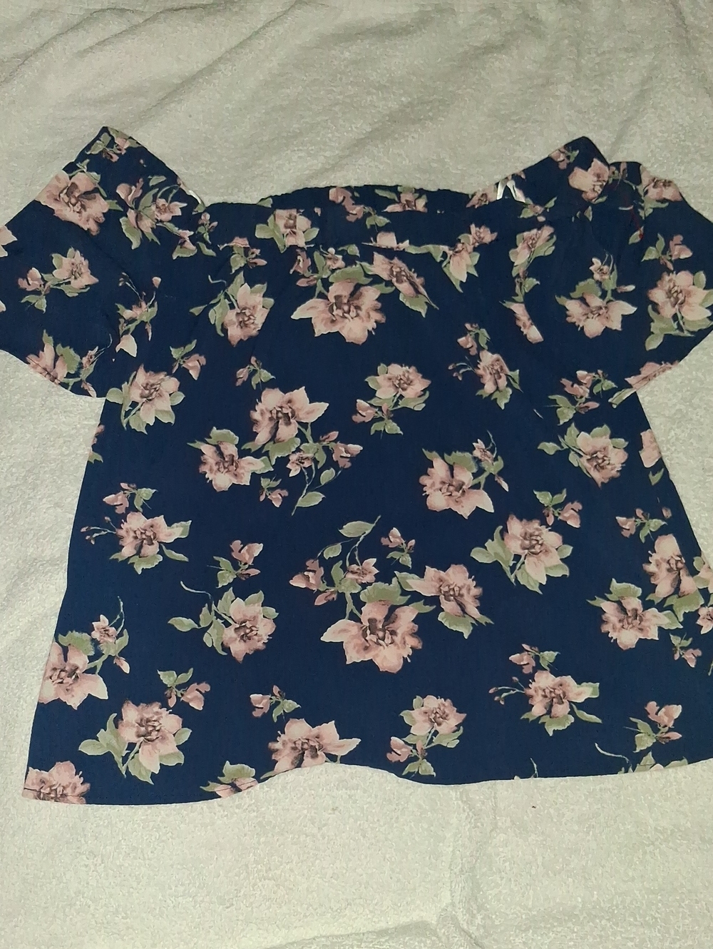 Sweet Wanderer Navy Off-Shoulder Floral Blouse with Pink Flowers